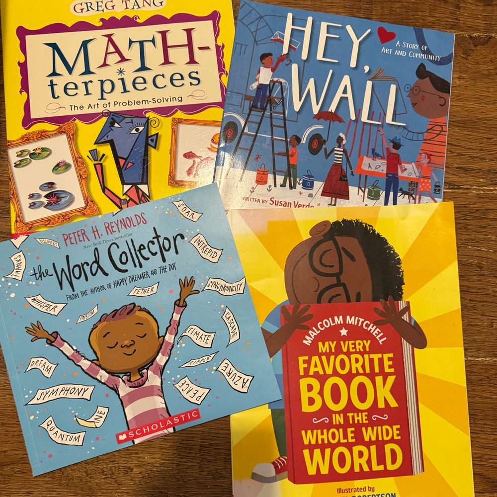 Children’s learning books MATH- terpieces, word collector, hey wall, my favorite